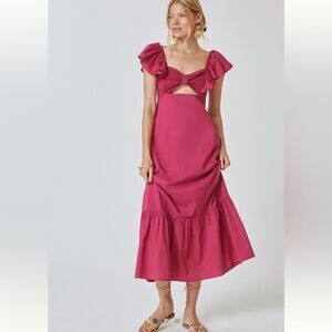 NWT Farm Rio x Anthropologie Ruffle Midi Dress Raspberry XL